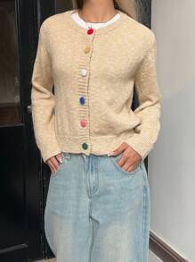 SHEIN EZwear Women's Retro Style Cardigan In Apricot Color, Warm For Autumn/Winter - Apricot - View 4