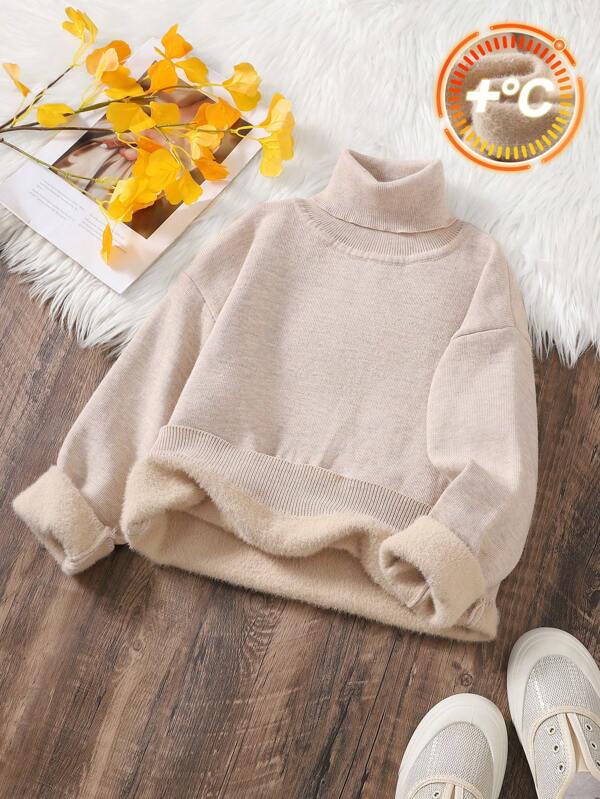 SHEIN Tween Girls Casual Warm Faux Mink Fleece Turtleneck Loose Thermal Lined Soft Comfortable Drop Shoulder Long Sleeve Pullover Sweater, Suitable For Home, Outdoor, School And Daily Wear, Autumn/Winter