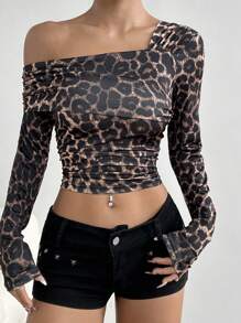 Flirla Casual Leopard Print Knit Shoulder & Waist Ruched Foldover Collar Long Sleeve T-Shirt Top Graphic Cheetah Print Tees Women Tops For Spring Outfit