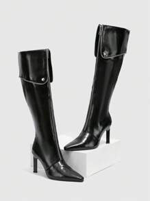 CUCCOO SZL Chaussures de mode pour femmes décorées de zippers, bout pointu, stilettos sexy, bottes noires de soirée avec zip latéral, bottes cheville et bottes genoux pour le style de rue, le mauvais comportement du Nouvel An, la fête de Noël - Noir - Voir 2