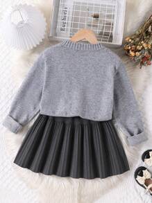 SHEIN 2 件套优雅蝴蝶结针织毛衣和褶皱针织裙套装，女童冬季服装