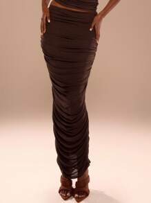 MUSERA 褶皱长裙，优雅夏日性感度假派对必备 - 咖啡棕 - 查看 2