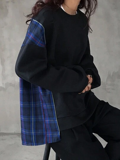 FRIFUL Women's Contrast Color Block Plaid Print Casual Loose Fit Long Sleeve Sweatshirt,Fall Clothes