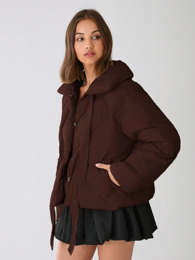 Women's Plain Color Bow Design Long Sleeve Casual Padded Coat For Winter