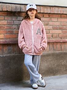 SHEIN Tween Girls Casual And Versatile Fuzzy Letter Print Hooded Jacket, Perfect For Winter Wear,In Fall, And Winter - Pink - View 8