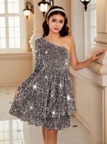 Teen Girl Elegant Sequin Bead Embroidery Asymmetrical Neck Long Sleeve Mini Dress, Suitable For Teens Girls, Autumn/Winter, Party & - Grey - View 3