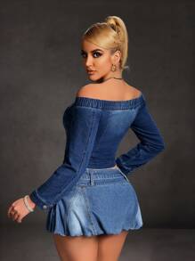 SHEIN SXY Damen Unifarben Denim Off-Shoulder Bluse, taillierter Form und durchgehender Knopfleiste, Langarm