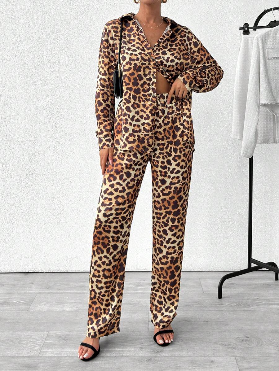 EURMUSE Autumn Leopard Print Long Sleeve Shirt And Pants Set - Multicolor - View 1