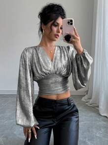 Chiquease Blouse élégante à manches longues, col en V, froncée, croisée et de couleur unie