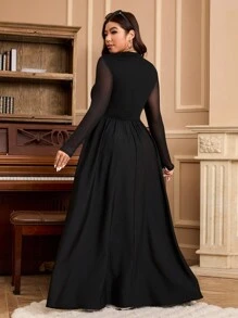 大码黑色复古网眼披肩领连衣裙 - 黑色 - 查看 2