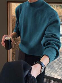 Casual Men's Solid Color Stand Collar Long Sleeve Pullover Sweater - Cadet Blue - View 4