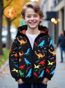 Chaqueta con capucha con forro térmico y estampado multicolor de dinosaurios para niños pequeños, una combinación perfecta de moda y comodidad, diseñada para niños activos