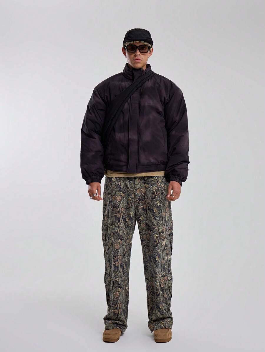 Musero Hoodless Puffer Acid Wash Style Cuffed Sleeves Zip Through Jacket Hidden Placket Collared Coat SPRING SUMMER Essentials - Multicolor - View 1