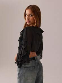 SHEIN SXY 黑色上衣；秋季女装；短款上衣；节日服装派对聚会黑色网眼透视荷叶吊带深 V 领女士性感长袖衬衫