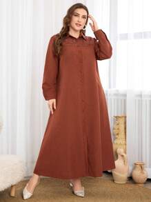 Al Najma Lace Trim Collar Splice Elegant Plus Size Women Long Dress, Modest Casual Shirt Maxi Dresses, For Casual Daily