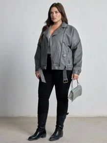 Aveloria New Arrival Autumn/Winter European And American Style Washed PU Leather Lapel Loose Oversized Jacket For Women - Grey - View 5