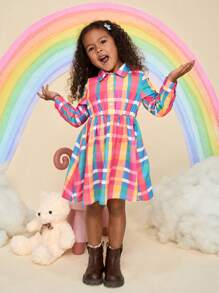 SHEIN Young Girl Woven Plaid Collared Ruffle Hem Loose Casual Dress