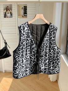 SHEIN EZwear Áo len chui đầu cổ chữ V thường ngày cỡ lớn dành cho nữ có trang trí nơ, có thể đảo ngược, thích hợp cho ngày trở lại trường, hàng ngày, hẹn hò, họa tiết kẻ caro xám, mùa thu/đông - Xám - Xem 3