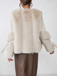 SHEIN Essnce Women Fashion Fuzzy Patchwork Fluffy Jacket For Autumn/Winter Warm Heated Thermal Jacket Cold Weather Snow Women Outfits Holiday - Apricot - View 2