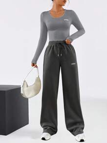 SHEIN Bộ 2 món/Bộ áo dài tay in chữ thể thao thường ngày cho bé gái tuổi teen và quần ống rộng, trang phục màu xám cho mùa thu - Xám - Xem 7