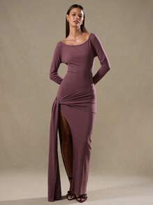 MUSERA Vestido largo de manga larga con frente drapeado, elegante para primavera, verano y fiestas - Marrón - Ver 5