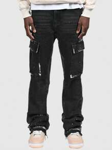 ROMWE MEN Street Life 男式休闲仿旧洗水牛仔紧身工装牛仔裤 - 黑色 - 查看 3