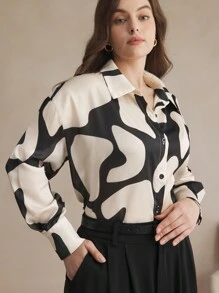 BizChic 大码几何印花宽松优雅办公衬衫 - 杏色 - 查看 6