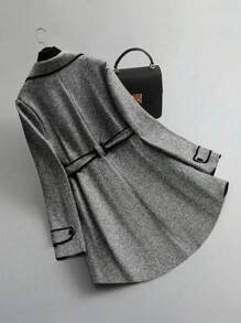 SHEIN Clasi Plus Size Color Block Trim Front Tie Long Sleeve Simplistic Casual Sweater, For Winter - Grey - View 2