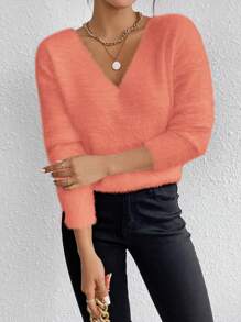 Chiquease Women's Solid Color V-Neck Long Sleeve Simple Casual Pullover Sweater Knit Pullover Fall Winter - Coral Orange - View 5