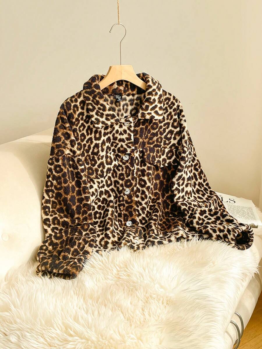 SHEIN Frenchy Plus Size Women Autumn Leopard Print Single Breasted Pocket Casual Jacket Fall/Winter - Multicolor - View 1