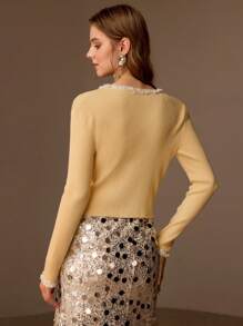MOTF PREMIUM CONTRAST FAUX PEARL AND SEQUIN TRIM RHINESTONE BUTTON PLACKET RIBBED KNIT CARDIGAN - Yellow - View 6