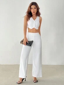SHEIN PETITE 女款純色極簡 7/9 分長褲，休閒日常穿著，適合嬌小女性 - 白色 - 查看 5