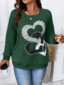 Calvaya Plus Size Crew Neck Long Sleeve Heart Print Minimal Sweatshirt, Casual Daily Wear Pullover Fall - Dark Green - View 6
