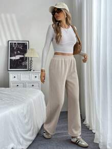 Chiquease 杏色羊毛阔腿裤，休闲宽松长裤，2件套秋季服装 - 杏色 - 查看 3