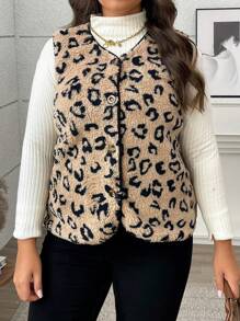 Calvaya Plus Size Casual Leopard Print Front Button Sleeveless Jacket For Autumn