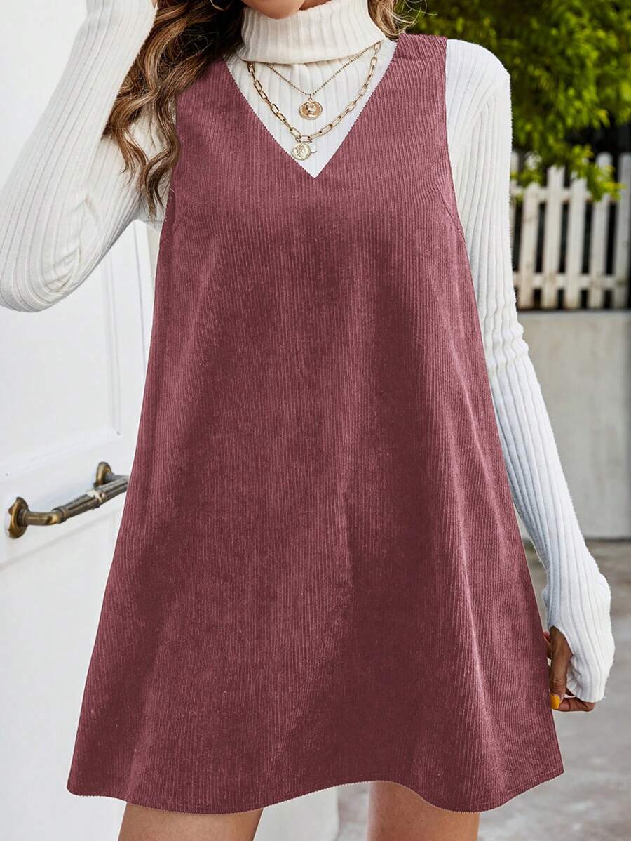 SHEIN Frenchy Women V-Neck Sleeveless Minimalist Corduroy Short Dress, Casual For Everyday Wear - Dusty Pink - View 1