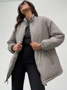 Aloruh 防风加厚连帽夹克，简约灰色拉链长外套，适合户外滑雪、约会和度假，秋冬季