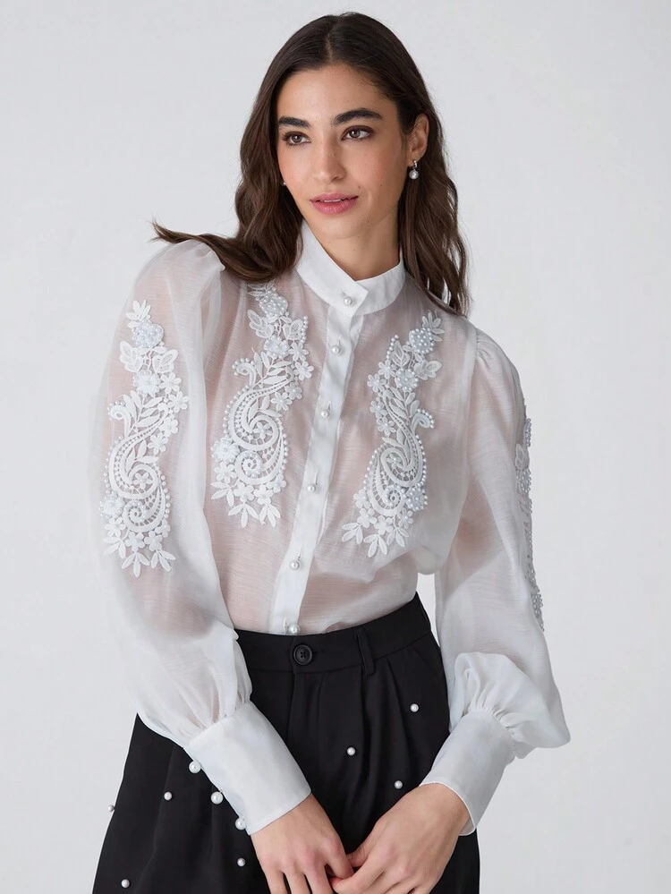 Winter Romantic Women's Elegant Floral Lace Bubble Beads Decoration Long Sleeve Elegant Blouse, For Christmas Party&Romantic Dinner Dates