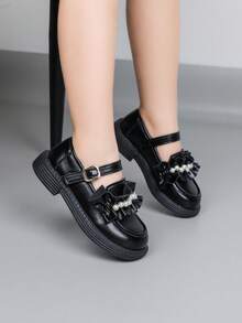 1 双时尚新款儿童平底鞋女童春秋平底鞋圆头钩环户外珍珠公主鞋，适合休闲穿着 - 黑色 - 查看 3