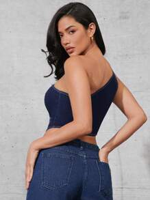 Denimoi Top corto de denim con un hombro para mujer, perfecto para el otoño - Azul lavado oscuro - Ver 6