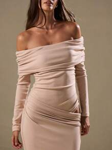 MUSERA Bardot Long Sleeve Drape Waist Maxi Dress Elegant Spring Summer Vacation Party