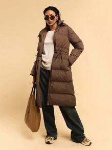 Athîral 中长款保暖冬季女装，松紧抽绳收紧腰部，冬季服装 - 咖啡棕 - 查看 1