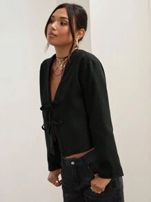 COSMINA Chemise décontractée de travail pour femmes, col asymétrique, manches longues, décoration de nœud papillon, couleur unie, pour printemps et automne - Noir - Voir 6