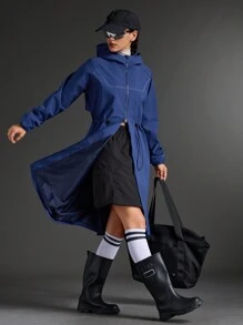 SHEIN Sports Women Solid Color Long Sleeve Drawstring Waist Long Casual Hooded Sports Jacket - Navy Blue - View 6