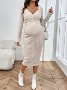 SHEIN Apricot Soft Fabric Overlapping Ruched Maternity Long Sleeve Nursing Dress, Autumn/Winter - Apricot - View 5