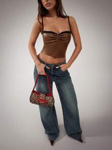 SHEIN BAE 女士复古勃艮第 PU 紧身性感对比蕾丝上衣服装、聚拢胸罩嬉皮女装、圣诞女装、黑色蕾丝胸罩、红色蕾丝胸罩、红黑色上衣、红色胸罩、冬季女装、红色皮革上衣、红色性感上衣 - 棕色 - 查看 5