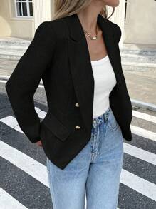 SHEIN Frenchy Áo khoác blazer nữ cổ nhọn hai hàng khuy đơn giản màu trơn, phong cách công sở thu đông - màu đen - Xem 5