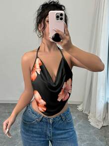 Firerie 1 Stück Damen Ärmellose Bodycon Tank Top mit Blumenprint und gerafftem Kragen, elegant und sexy, Sommer