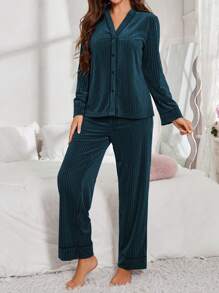 Front Open Long Sleeve Top & Pants Velvet Ladies Pajama Set