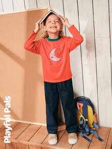 SHEIN 2 Pcs Young Girls And Boys Sets Moon Print Color Block T-Shirt & Jeans Suit,Cute Retro Casual Autumn School Outfits,Winter/Fall Little Girl Clothes - Multicolor - View 4